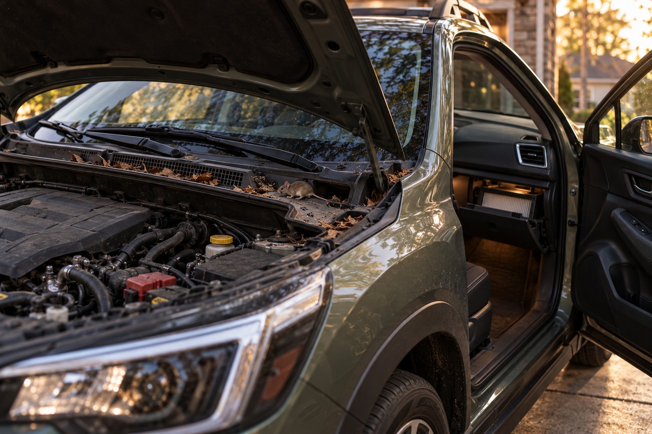 A small mouse sitting on the cowl near the windshield of an open-hood green Subaru Forester with its glove box open
