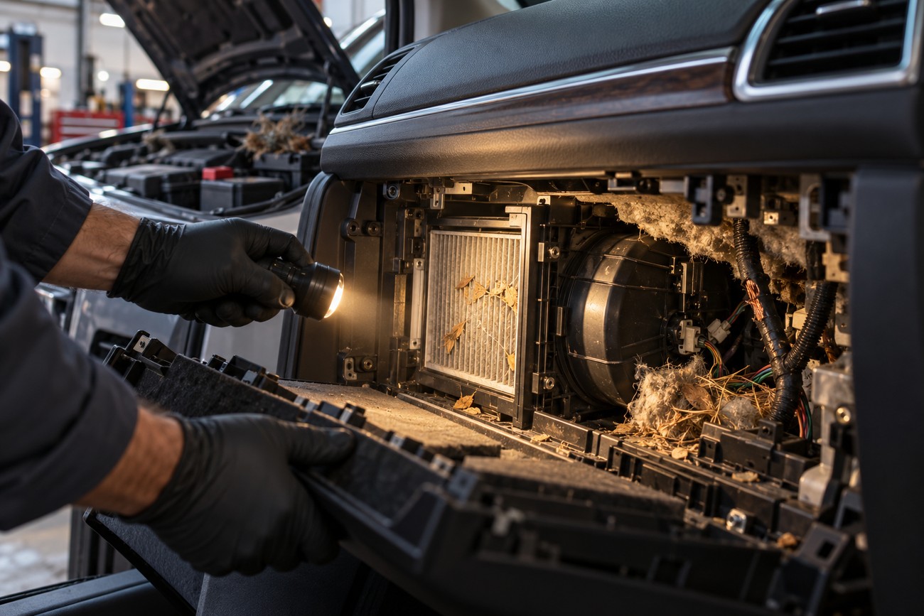 A mechanic wearing black gloves holds a flashlight to inspect a mouse nest and debris inside the dashboard and cabin filter area of a Subaru Forester