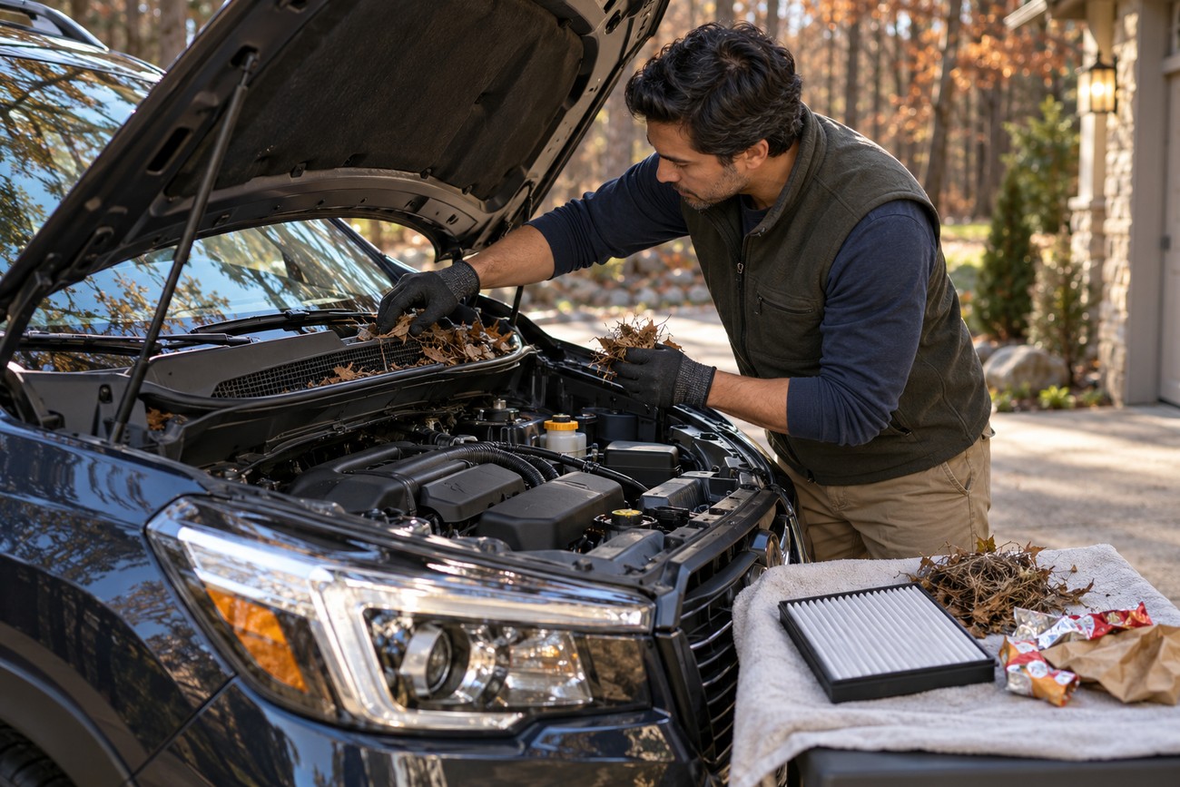 A man in a gilet removes dry leaves and mouse nesting debris from under the hood of a Subaru Forester next to a removed cabin air filter