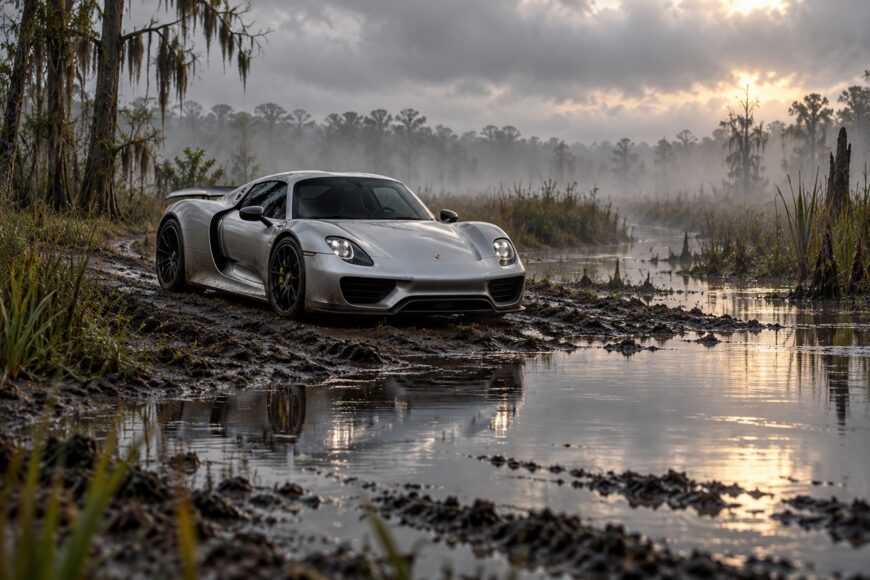 Silver Porsche 918 Spyder hypercar driving on a muddy dirt road through a misty swamp