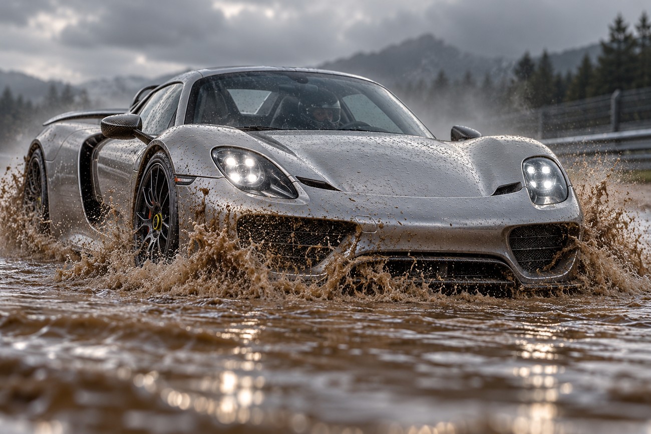 Silver Porsche 918 Spyder hypercar driving through a large muddy puddle and splashing water