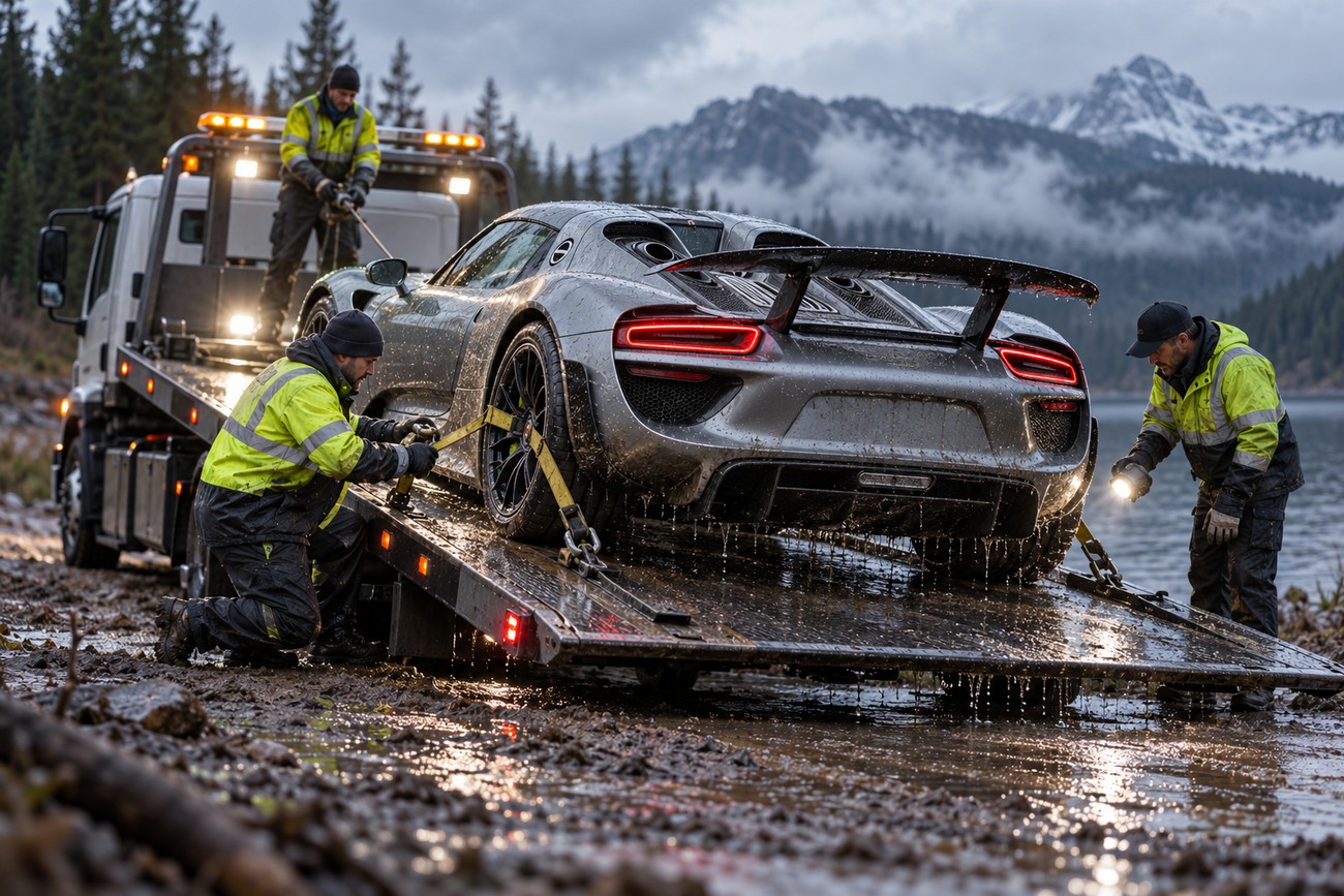Workers securing a muddy silver Porsche 918 Spyder hypercar onto a flatbed tow truck near a lake in the mountains