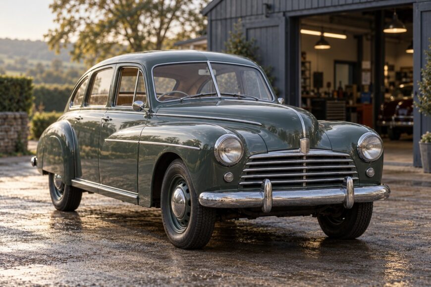 A vintage green Standard Vanguard saloon car parked on a paved driveway in front of a dark wooden garage