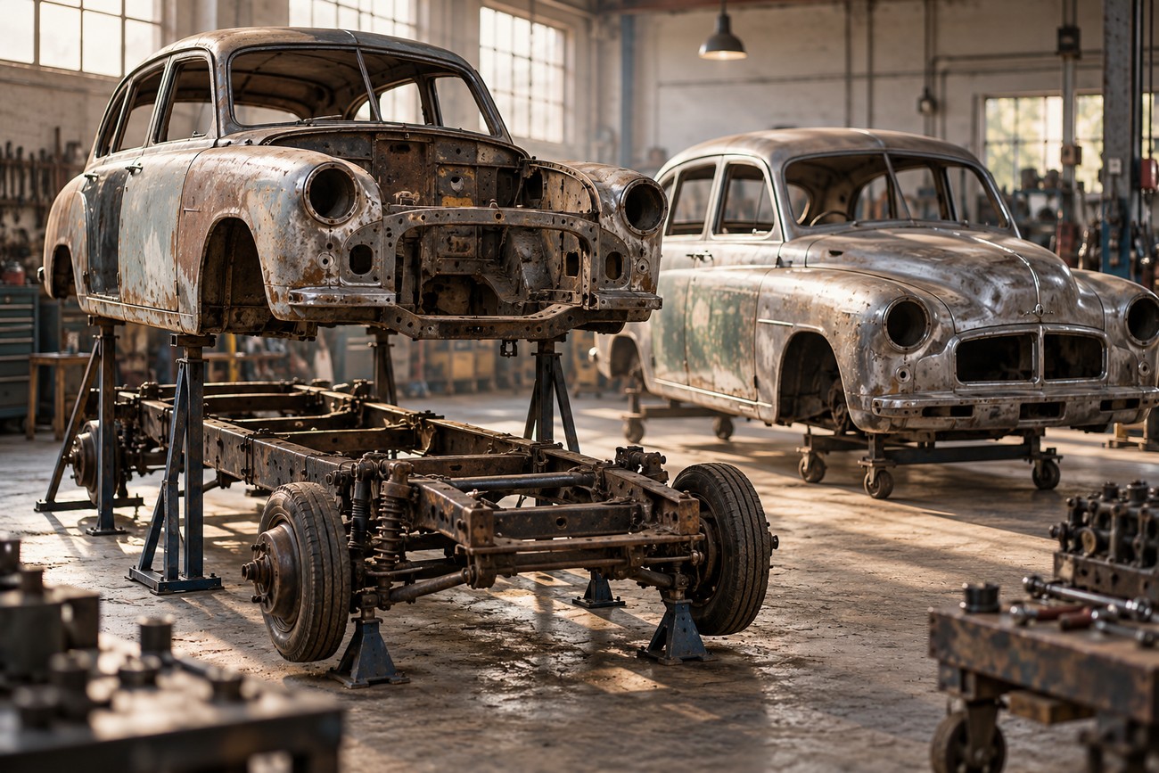 A rusted Standard Vanguard body shell hoisted above its chassis frame in a vintage repair workshop