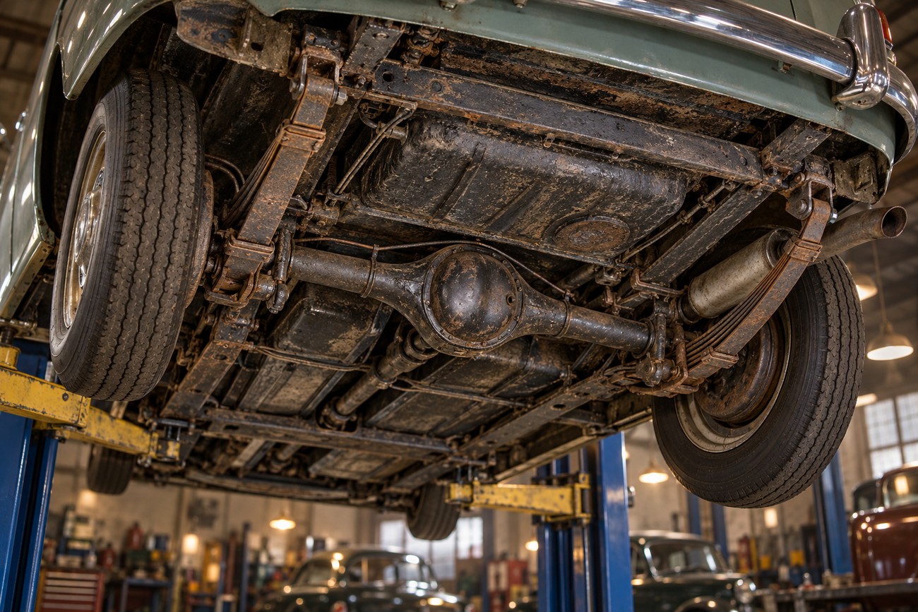 Undercarriage view of a classic Standard Vanguard lifted on a hoist in a vintage repair shop