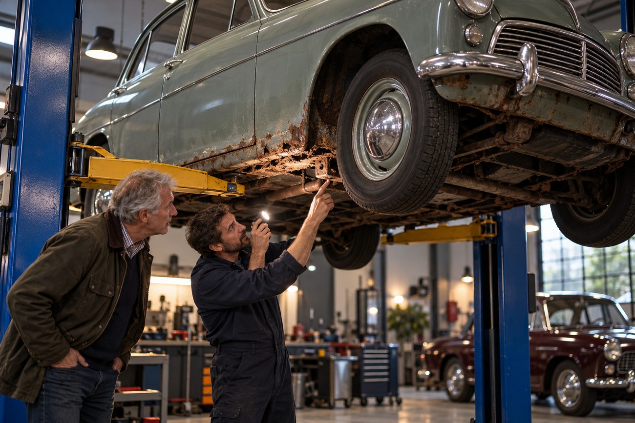 A mechanic with a flashlight pointing at the rusty undercarriage of a classic car raised on a lift while the owner looks on