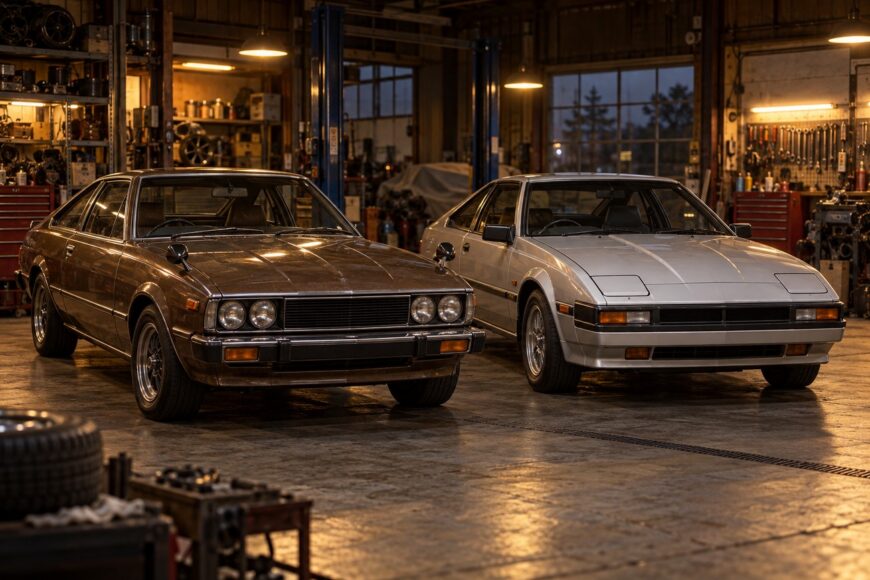 Two classic Toyota Celica XX cars parked side by side inside a rustic automotive garage
