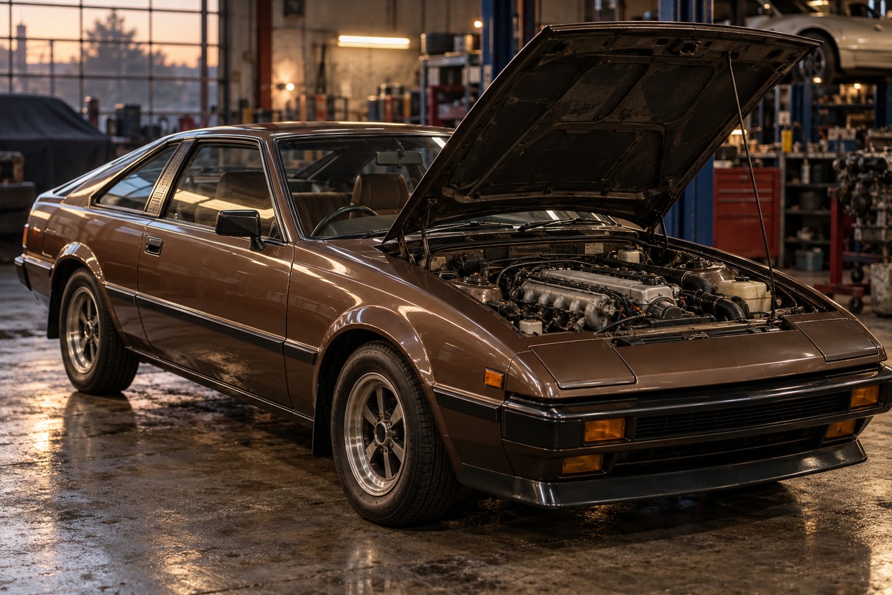 Classic brown Toyota Celica XX with an open hood parked inside a professional repair garage