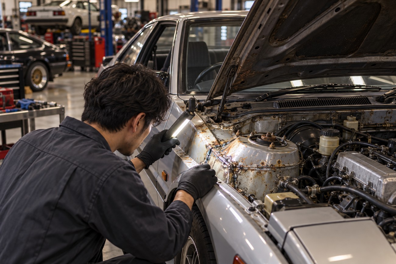 Mechanic wearing black gloves inspecting engine bay welding and rust on a silver classic Toyota Celica XX