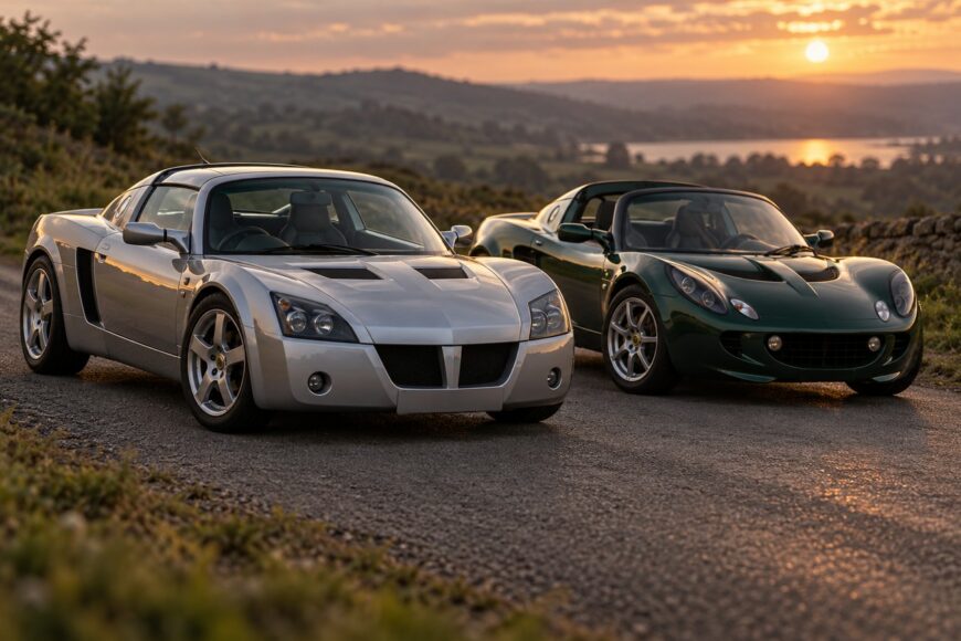 Silver Vauxhall VX220 and green Lotus Elise parked together on a scenic countryside road at sunset