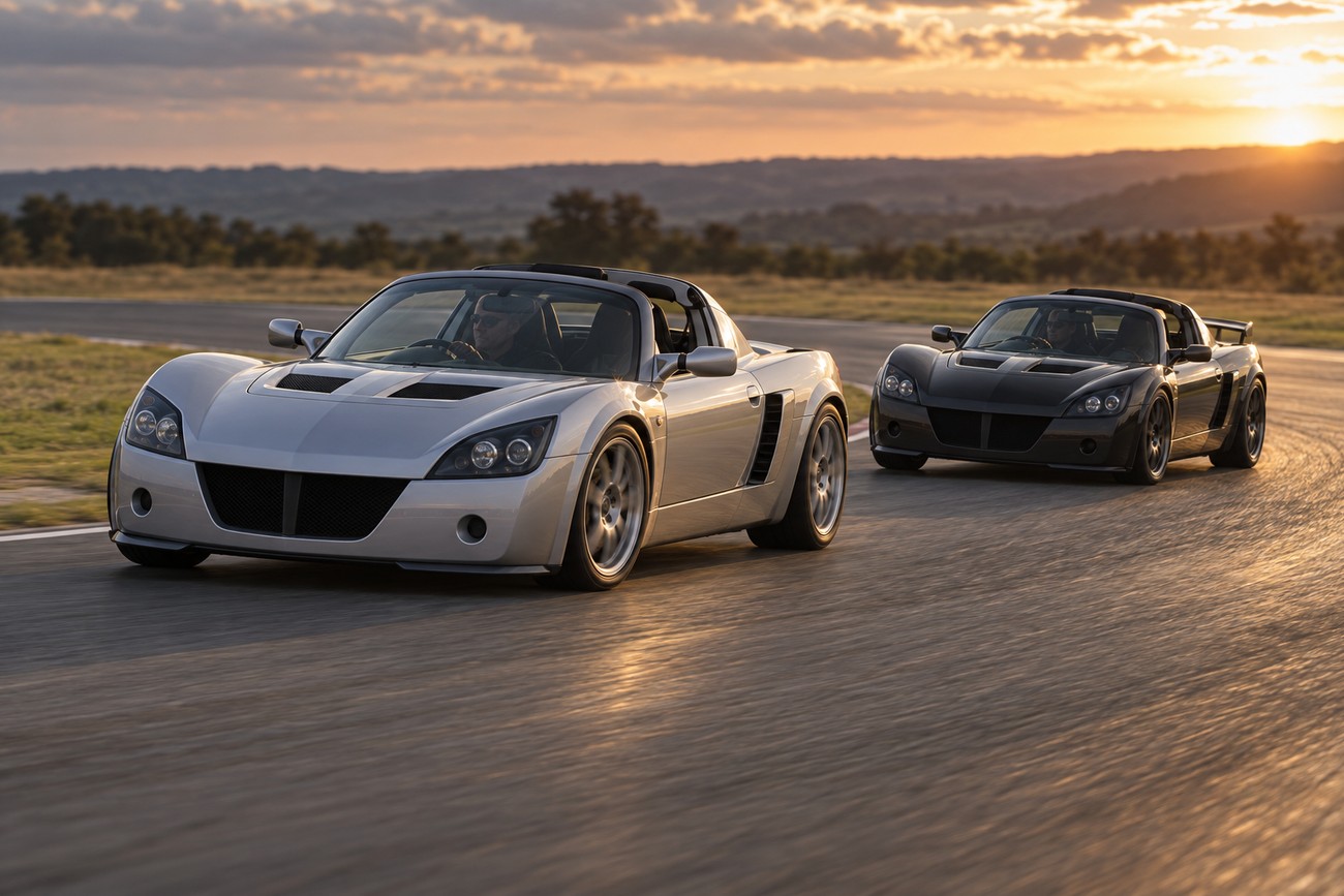 A silver Vauxhall VX220 leads a dark model on a winding racetrack during golden sunset light