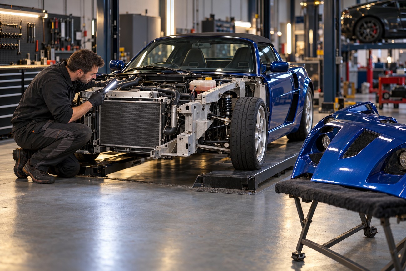Mechanic using a flashlight to inspect the exposed front components of a blue Vauxhall VX220 sports car in a workshop