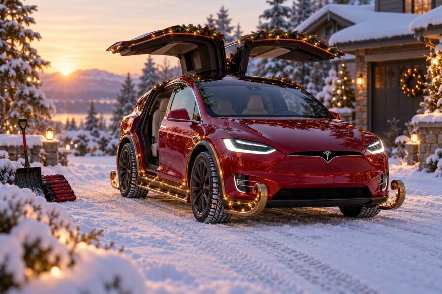 A red Tesla Model X decorated with Christmas lights and golden sleigh runners parked in a snowy driveway with open falcon wing doors