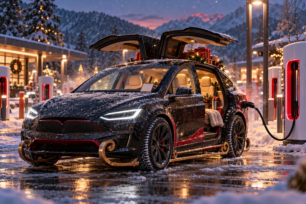 A black Tesla Model X converted into Santa's sleigh with golden runners and Christmas gifts parked at a snowy Supercharger station