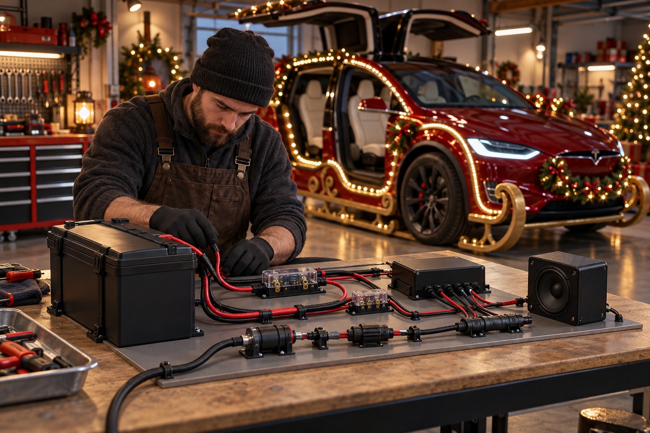 A bearded mechanic in a workshop working on wiring and electronic components with a red Tesla Model X decorated as Santa's sleigh in the background