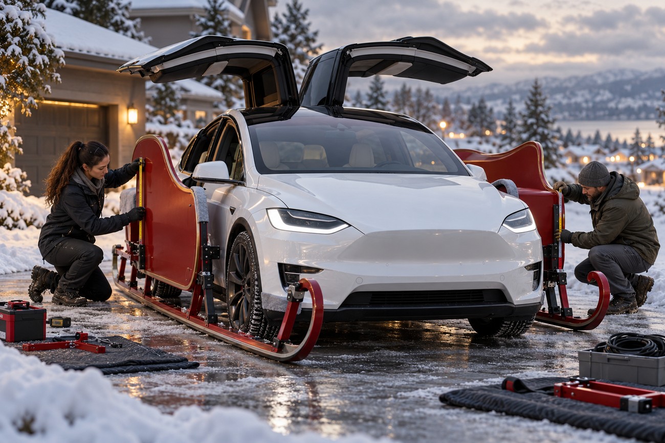 Mechanics in winter clothing measuring red sleigh runners attached to a white Tesla Model X in a snowy driveway
