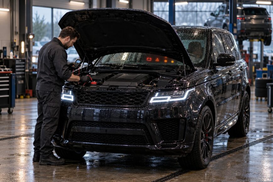 A mechanic in a workshop testing the electrical system of a black Land Rover Range Rover Sport with the hood open