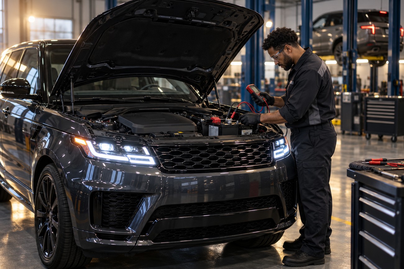 A mechanic in safety glasses uses a multimeter to test the battery of a Land Rover Range Rover Sport with its hood open in a repair shop