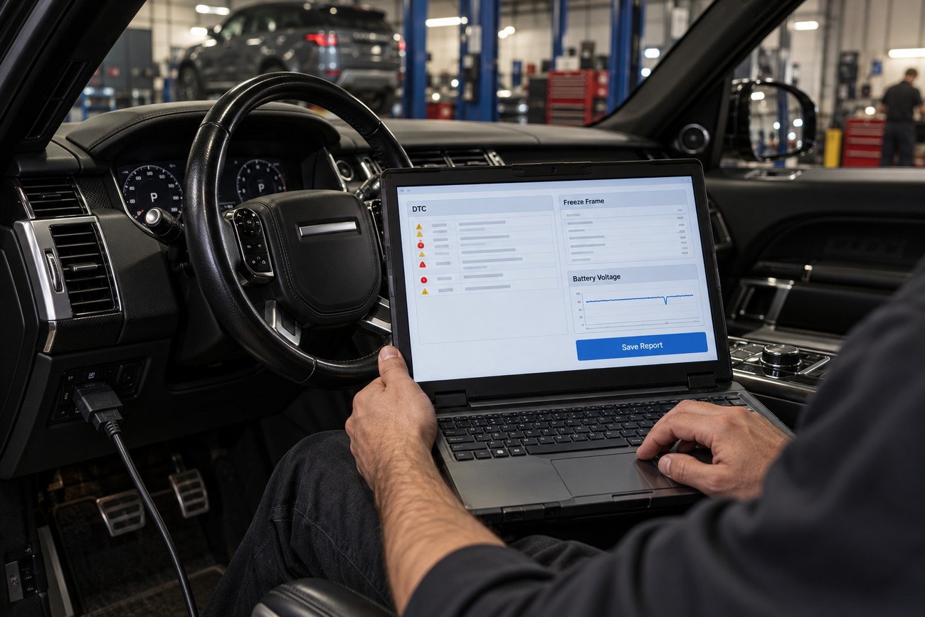 Mechanic diagnosing electrical gremlins with a laptop connected inside a Range Rover Sport interior