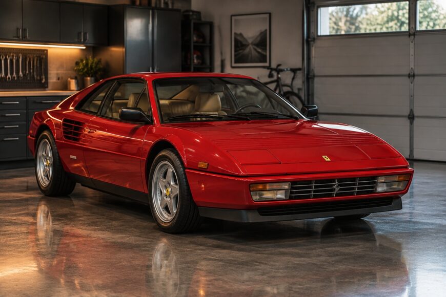Classic red Ferrari Mondial sports car parked on a polished concrete floor inside a modern garage
