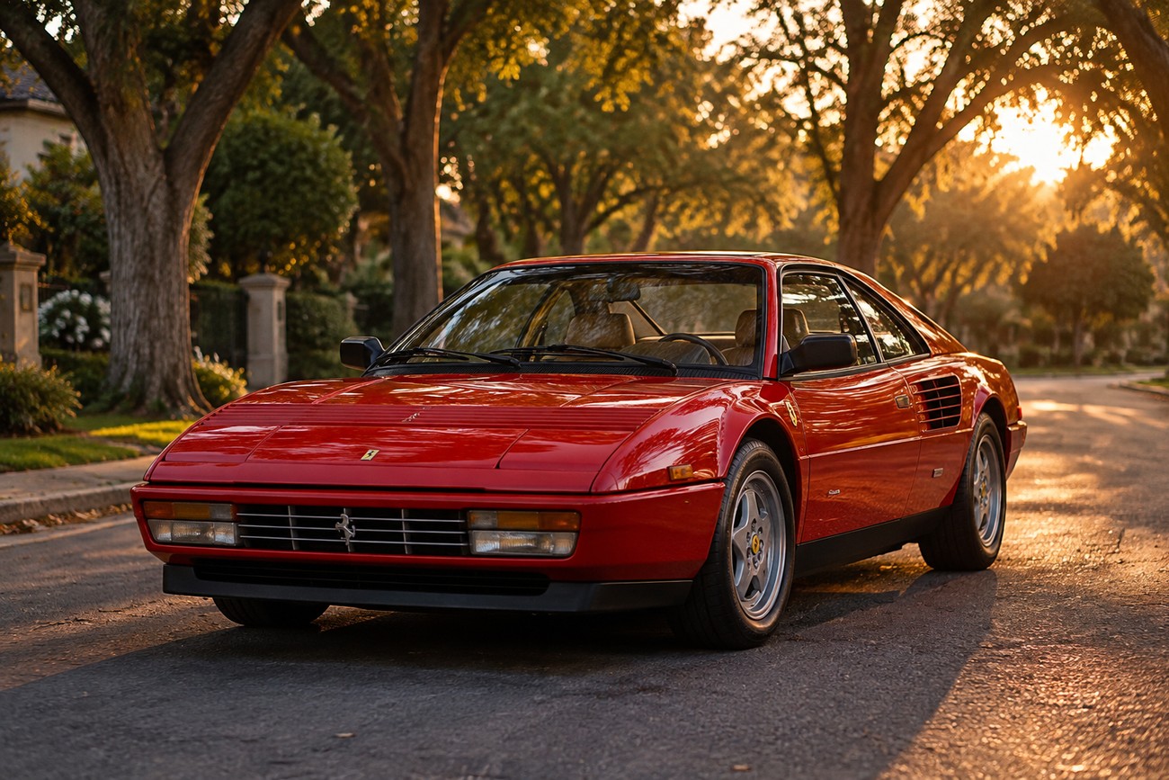 A classic red Ferrari Mondial coupe parked on a suburban street lined with trees during sunset