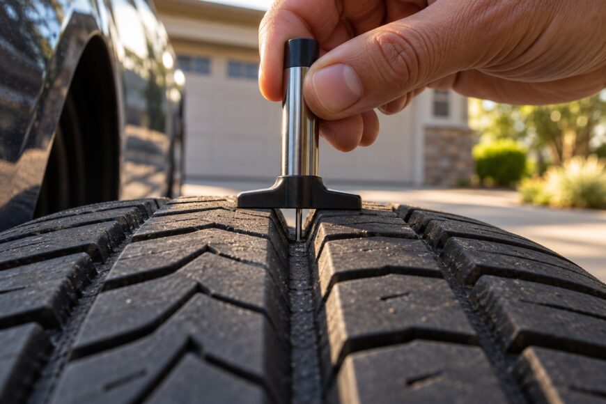 A close-up of a hand using a metal tread depth gauge to check the groove on a car tire