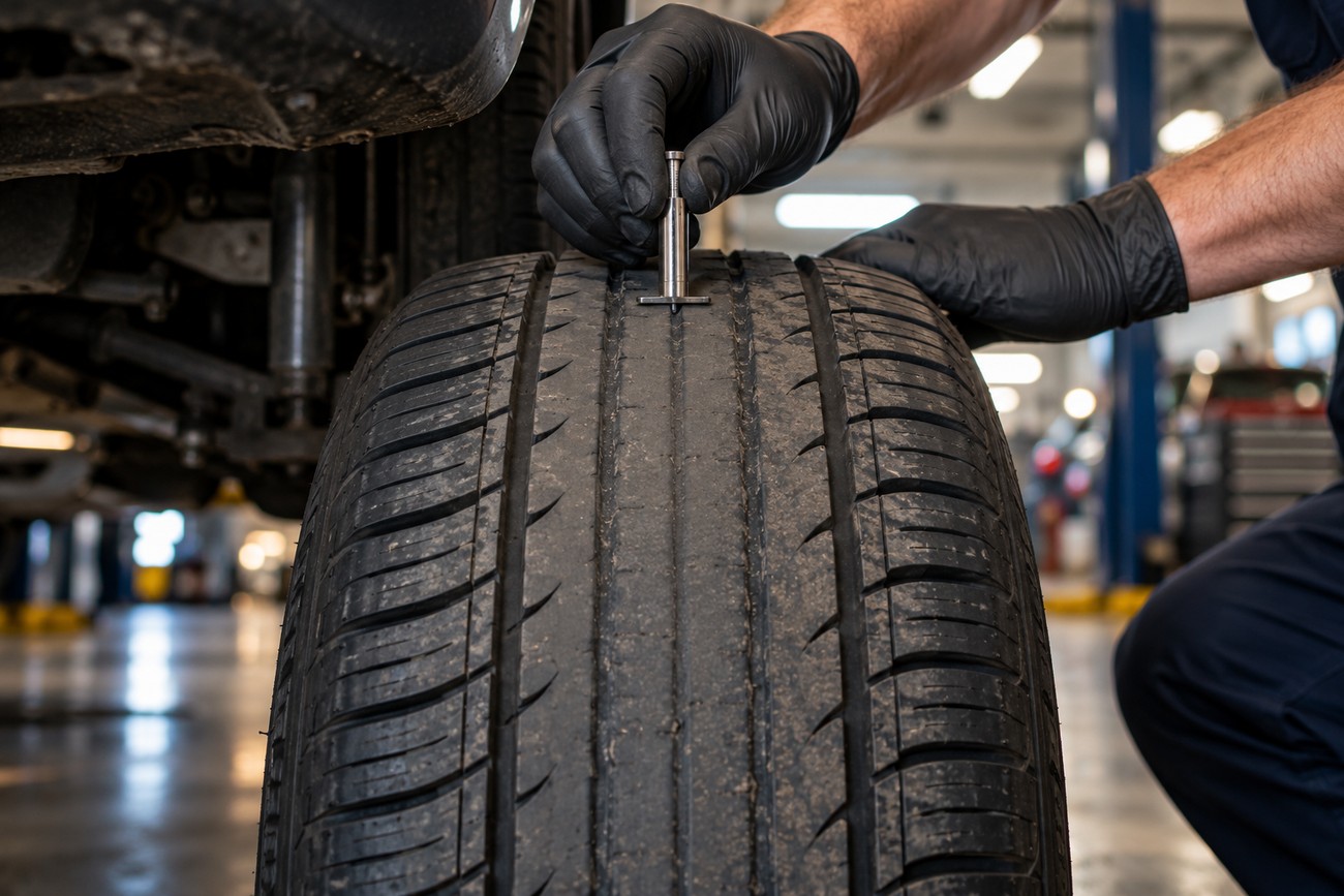 Mechanic wearing black gloves measuring the tread depth of a car tire using a metal gauge in an auto repair shop