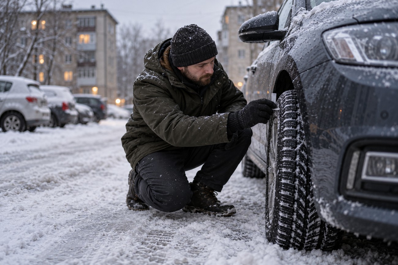 A man in a winter jacket crouches down to measure the tread depth of his car tire in a snowy parking lot