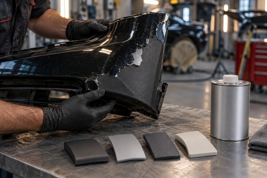 Mechanic in black gloves holding a plastic car bumper with peeling paint next to color swatches and a chemical container on a workbench