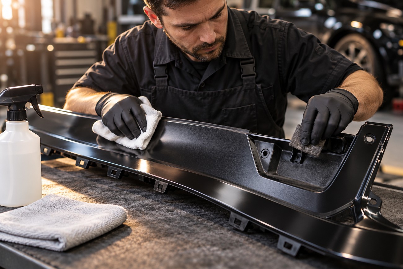 Mechanic wearing black gloves cleaning and preparing a black plastic car bumper part with a cloth in an auto repair shop