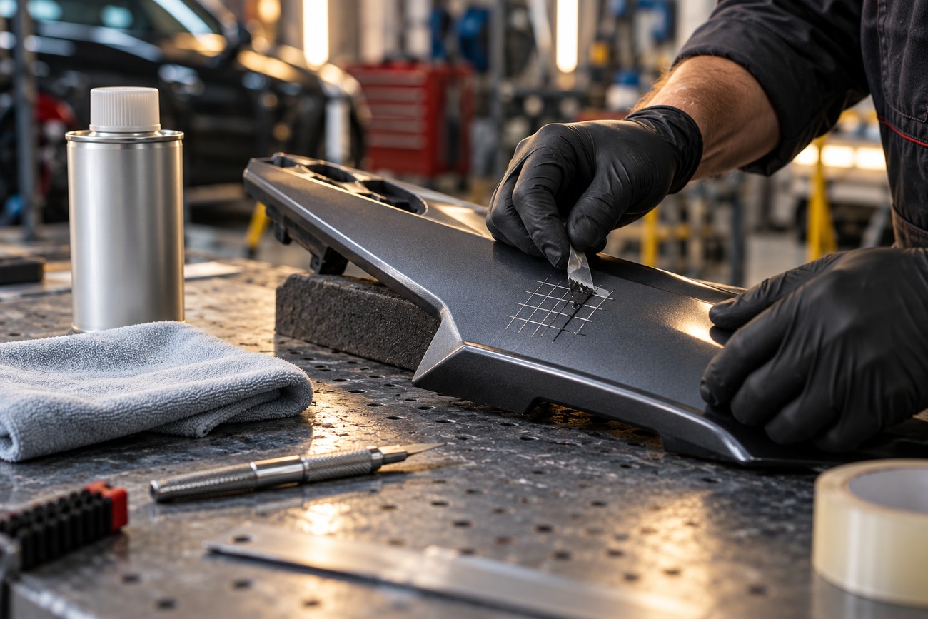 A technician in black gloves conducting a cross-hatch paint adhesion test on a painted plastic car part