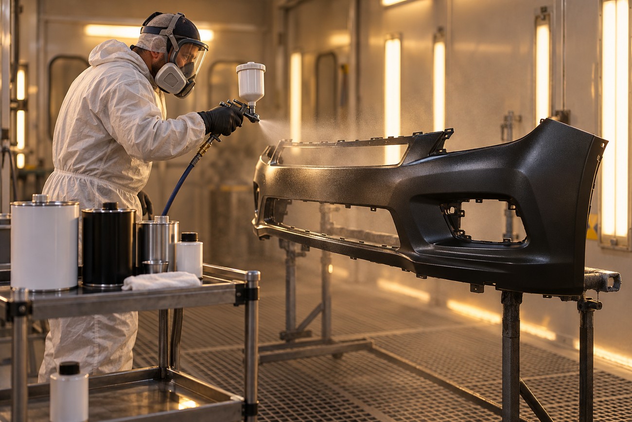 A technician wearing a respirator mask and protective suit spray painting a black plastic car bumper in a booth