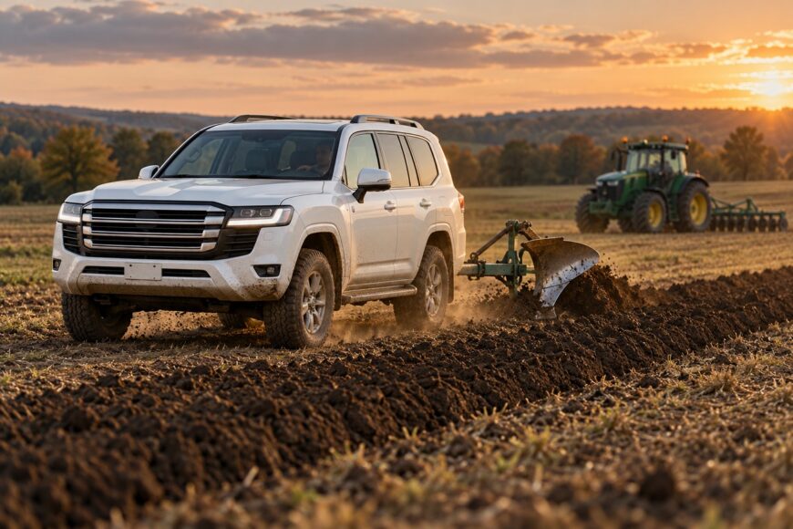 A white Toyota Land Cruiser is driving through a muddy field while pulling a metal plow during sunset