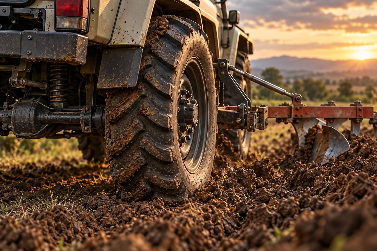 Muddy rear wheel of a Toyota Land Cruiser pulling a metal plow through a freshly turned dirt field at sunset