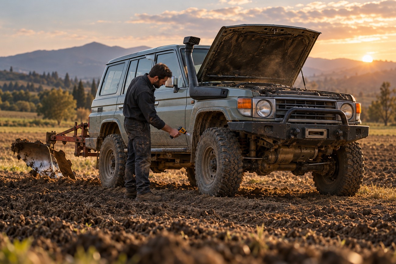 A man inspecting a muddy Toyota Land Cruiser with an open hood attached to a metal plow in a field at sunset