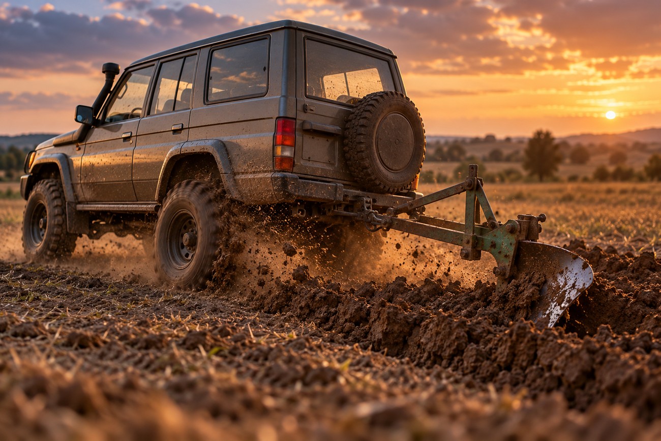 A dark Toyota Land Cruiser pulls an attached metal plow through a muddy field at sunset