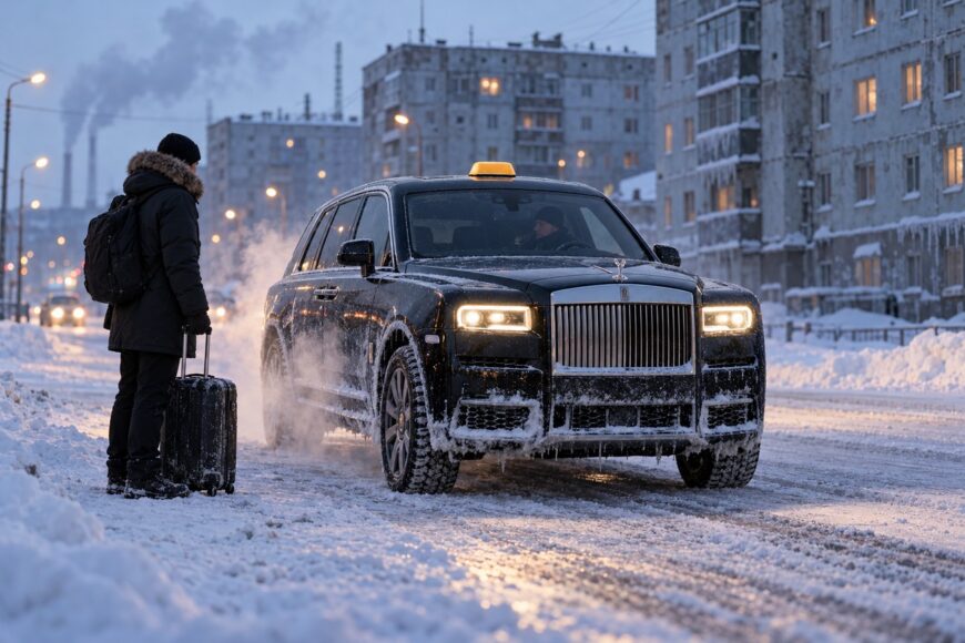 A traveler with a suitcase waits for a black Rolls-Royce Cullinan taxi on a snow-covered street in Vorkuta