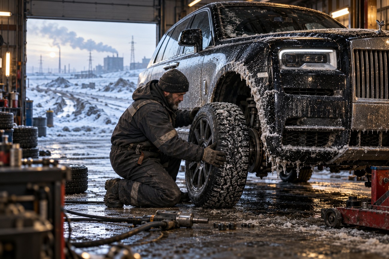 Mechanic in dark workwear kneeling to change a winter tire on a snow-covered Rolls-Royce Cullinan inside an industrial garage