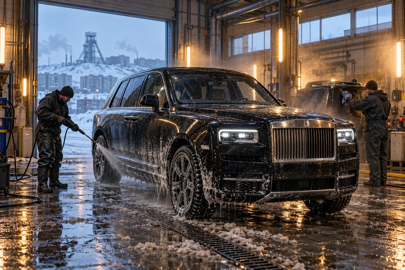 A worker washes a black Rolls-Royce Cullinan luxury SUV inside a snowy industrial garage in Vorkuta