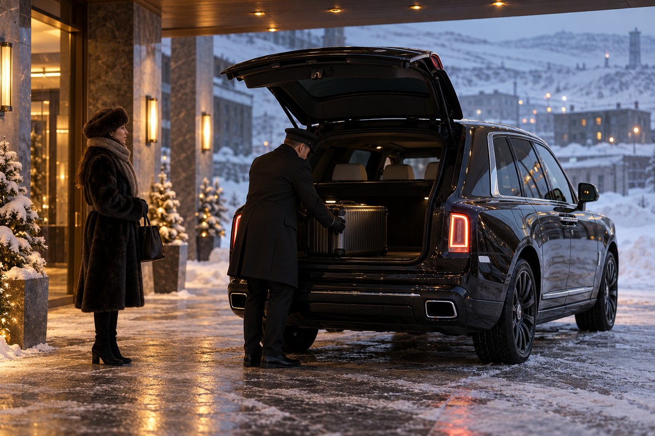 A chauffeur loading luggage into the trunk of a black Rolls-Royce Cullinan taxi parked in snowy Vorkuta with a female passenger waiting nearby