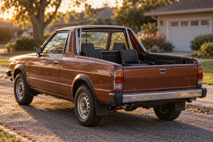 Vintage brown Subaru BRAT pickup truck parked on a suburban street showing its rear-facing bed seats
