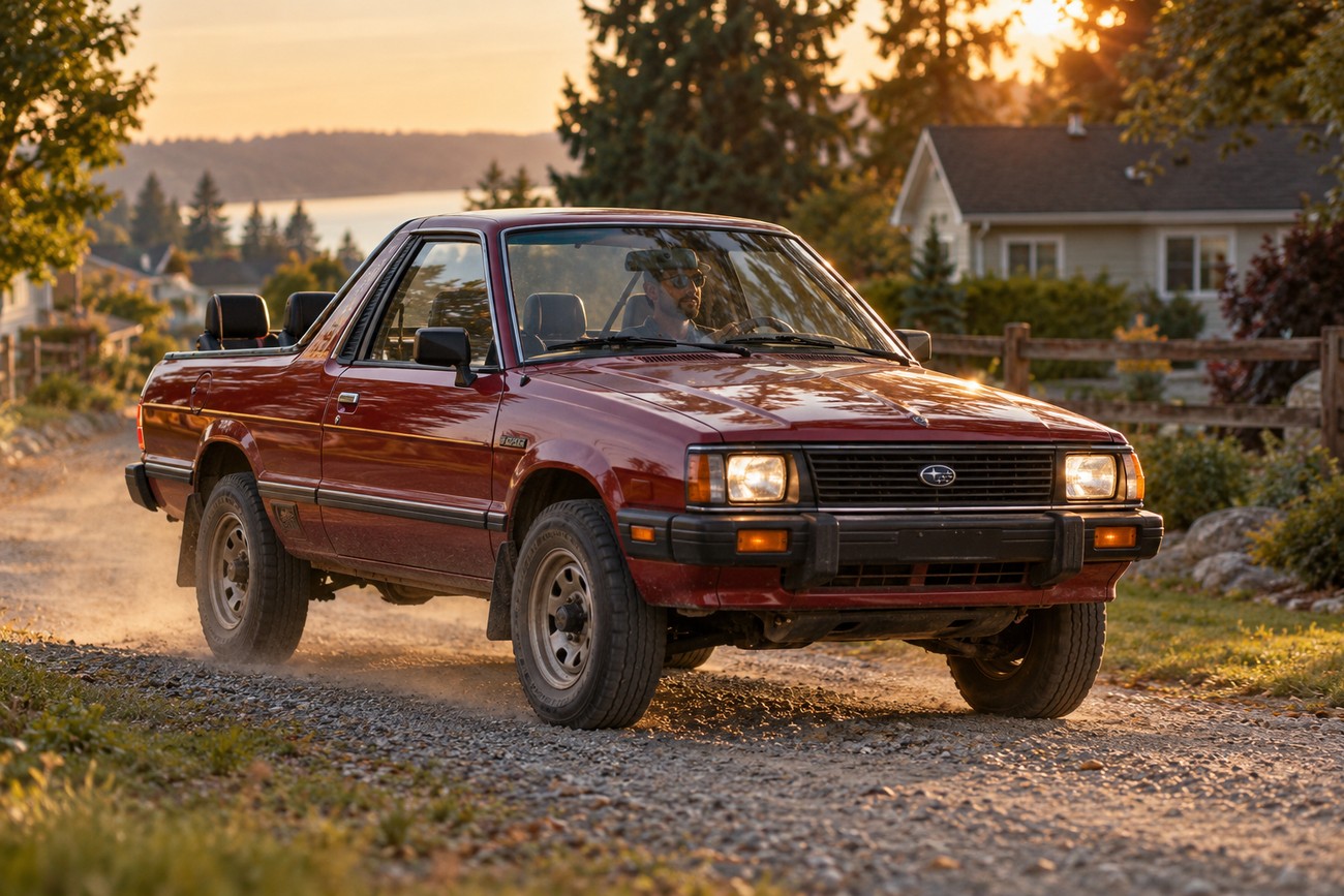 A red vintage Subaru BRAT pickup truck driving on a gravel road during sunset with visible rear-facing seats in the truck bed