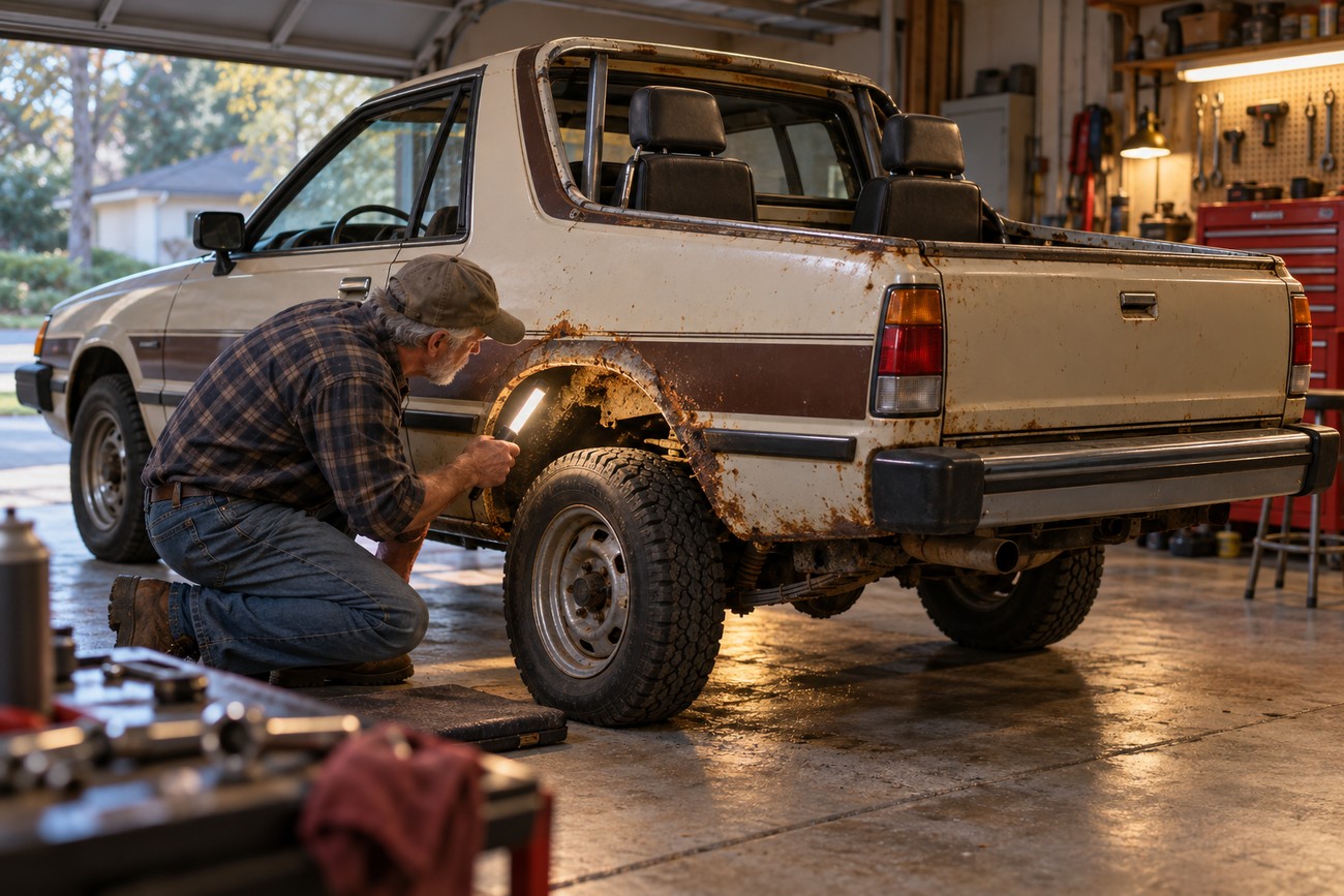 An elderly mechanic kneels in a garage, using a work light to inspect severe rust on the rear wheel arch of a vintage white Subaru BRAT pickup truck featuring its iconic bed seats