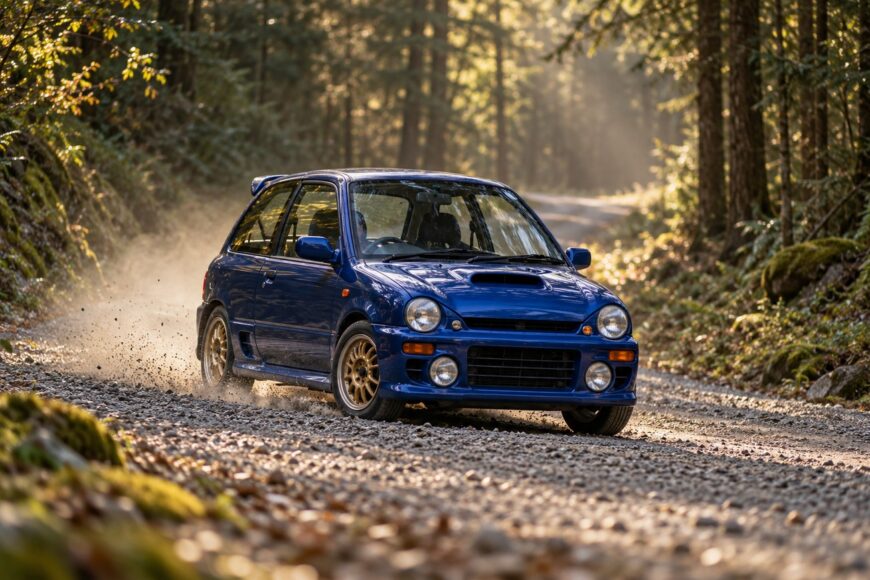 A blue Subaru Vivio RX-R rally car driving fast on a gravel forest road kicking up dust