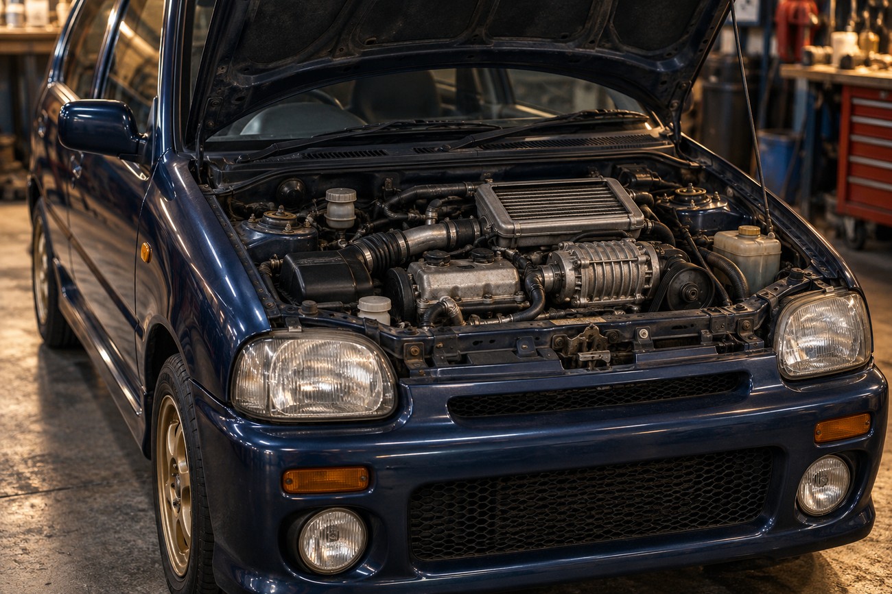 Front view of a dark blue Subaru Vivio RX-R with its hood open to reveal the supercharged engine inside a workshop