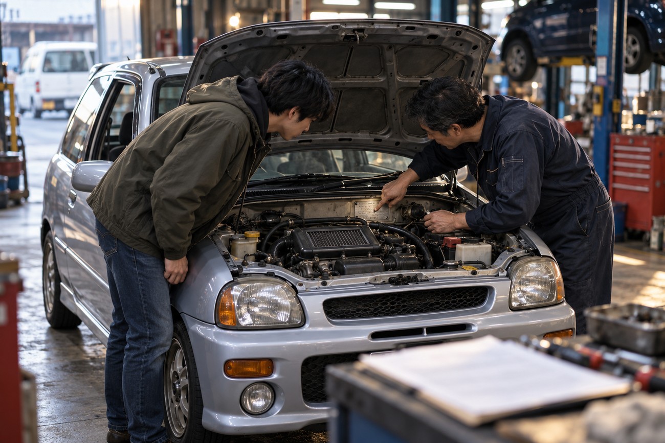 Two mechanics inspecting the supercharged engine bay of a silver Subaru Vivio RX-R inside a garage