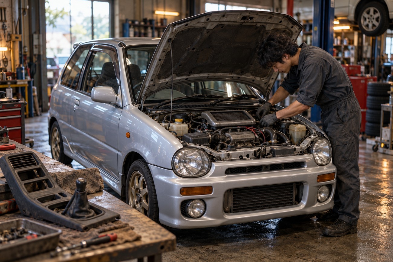A mechanic in overalls inspecting the supercharged engine bay of a silver Subaru Vivio RX-R inside a garage