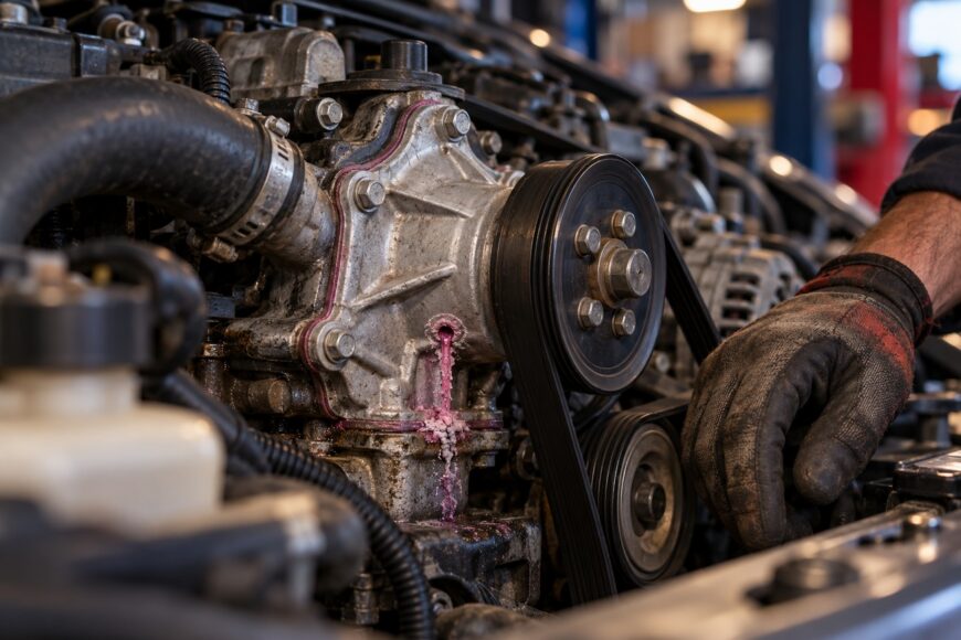 A mechanic in a work glove inspecting a car engine with a pink coolant leak coming from the water pump housing