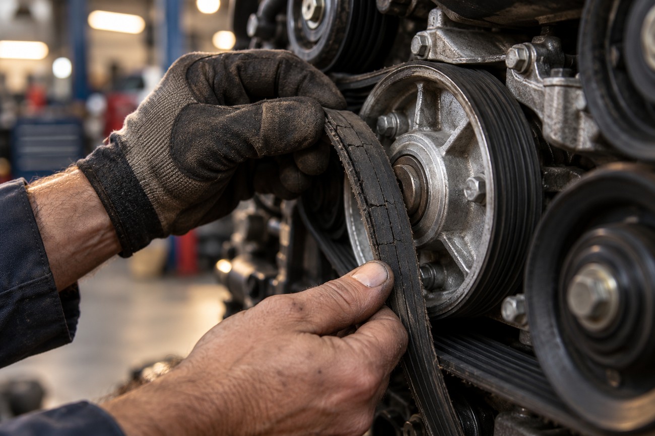 Mechanic in work gloves inspecting a cracked and worn serpentine belt near the engine water pump pulley