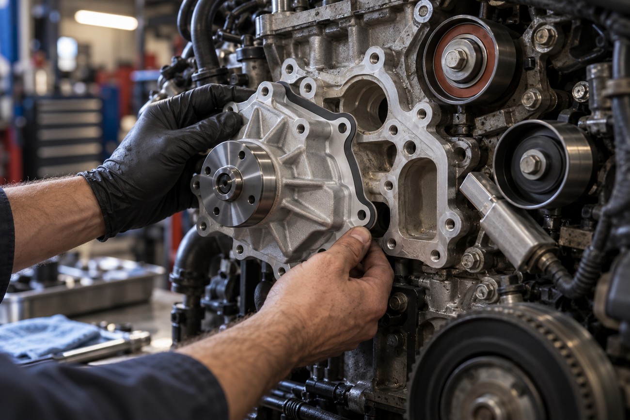 Mechanic wearing gloves installing a new water pump onto a complex car engine block